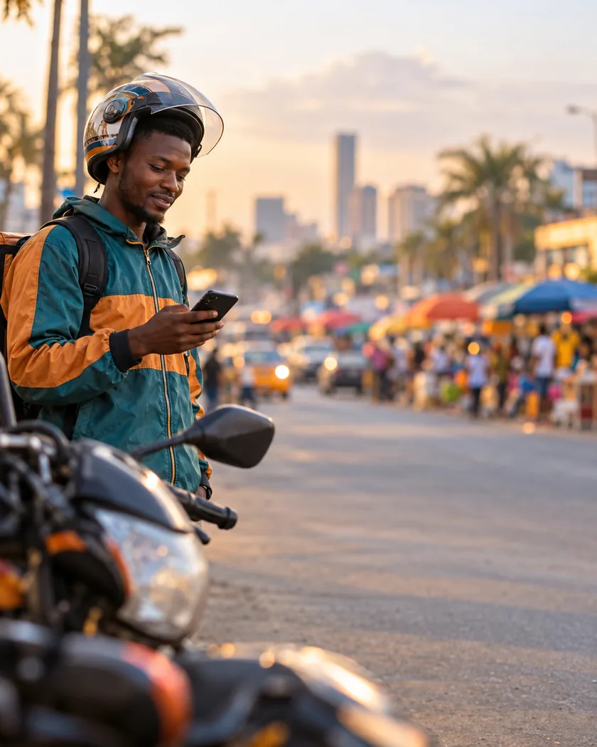 Un livreur à moto consulte un message sur son téléphone, dans une rue animée.