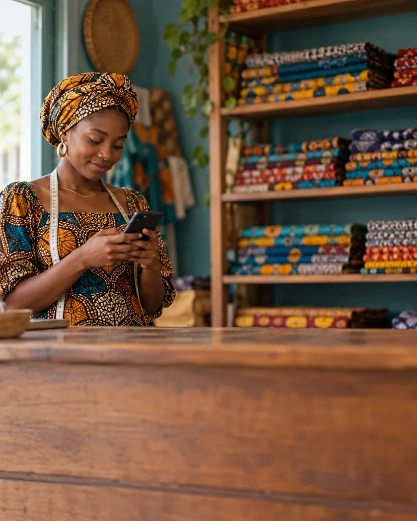 Une commerçante répond à un message sur son téléphone, derrière le comptoir de sa boutique.